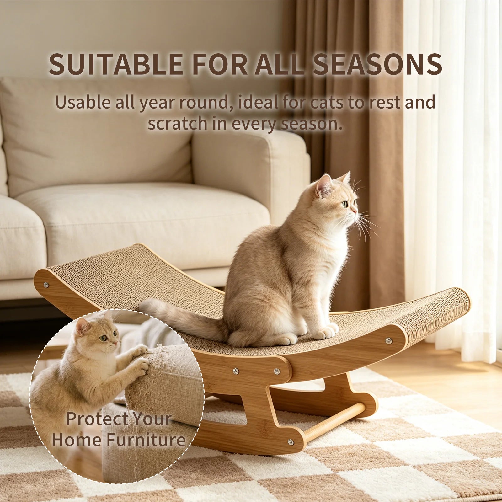 2-In-1 Cat Rocking Scratcher Chair Wooden Cat Bed Lounge Corrugated Cardboard Scratching Pad for Indoor Cats