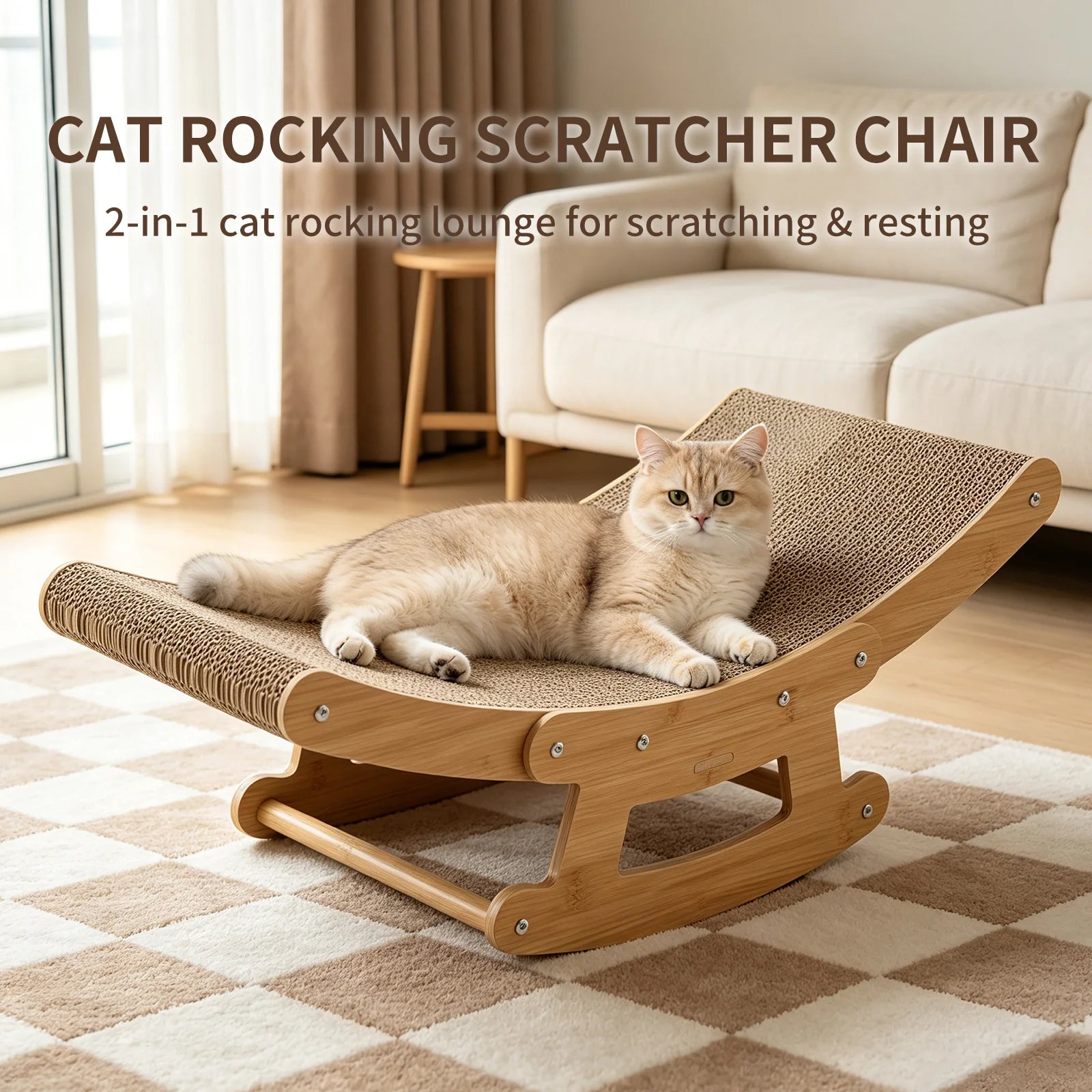 2-In-1 Cat Rocking Scratcher Chair Wooden Cat Bed Lounge Corrugated Cardboard Scratching Pad for Indoor Cats