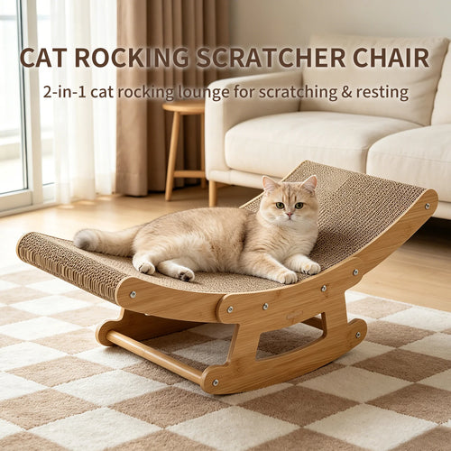 2-In-1 Cat Rocking Scratcher Chair Wooden Cat Bed Lounge Corrugated Cardboard Scratching Pad for Indoor Cats
