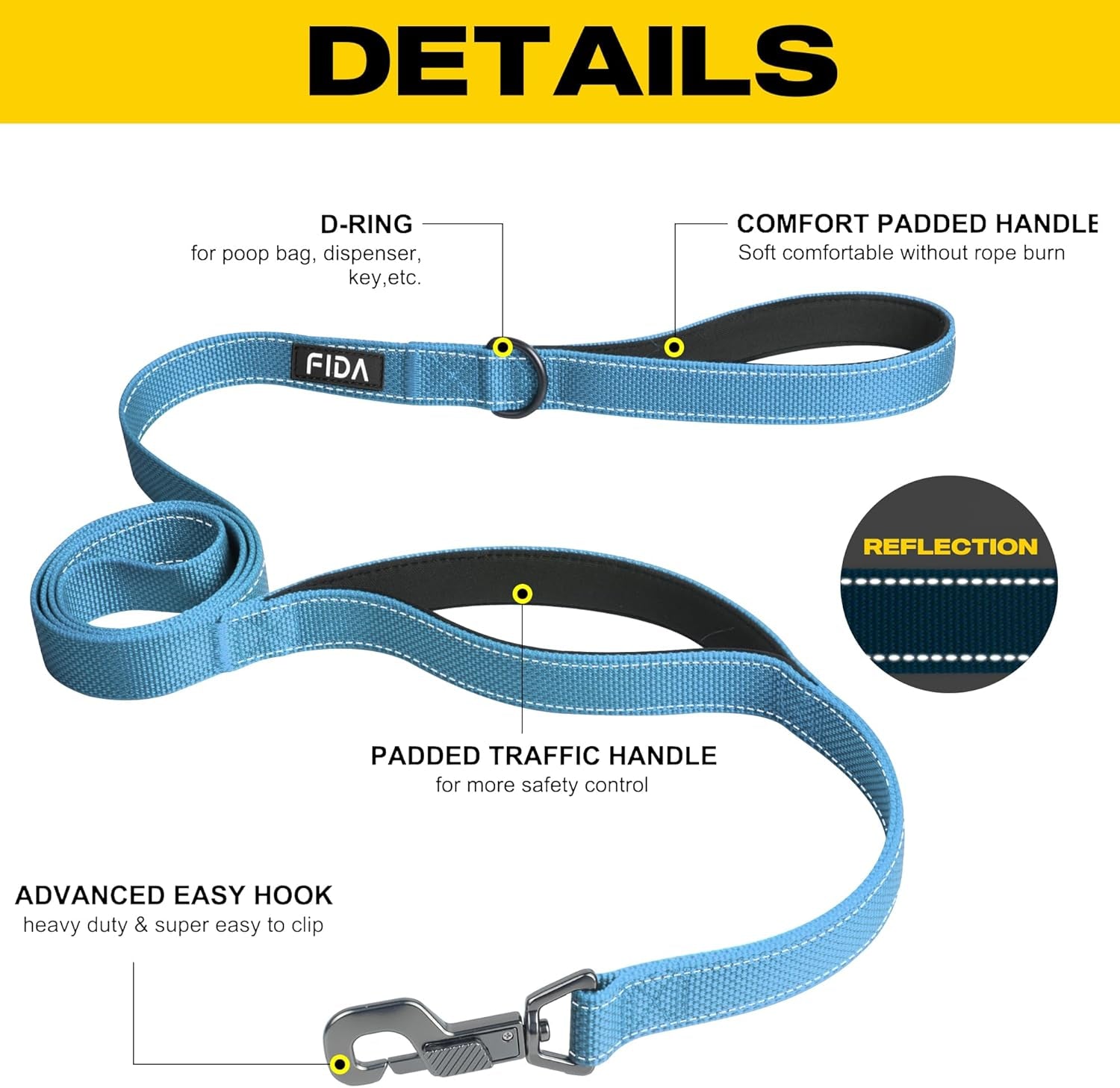 Heavy Duty Dog Leash for Medium Large Dogs, 5 FT, Dual Padded Handles | Traffic Handle for Close Control, Advanced Easy Snap Hook, Reflective, Strong Nylon Webbing for Daily Walks & Training, Blue