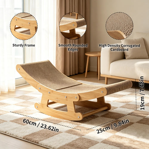 2-In-1 Cat Rocking Scratcher Chair Wooden Cat Bed Lounge Corrugated Cardboard Scratching Pad for Indoor Cats